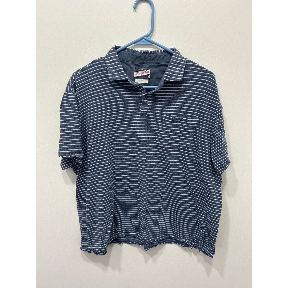 Johnnie-O Polo Shirt Mens Large Blue Striped Linen Blend Hangin Out Short Sleeve